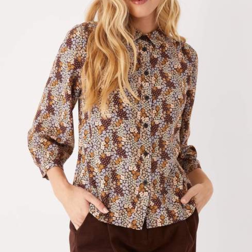 Frank and Oak Button down blouse Floral Daisy print Mod Tan Lavender Dark Red S